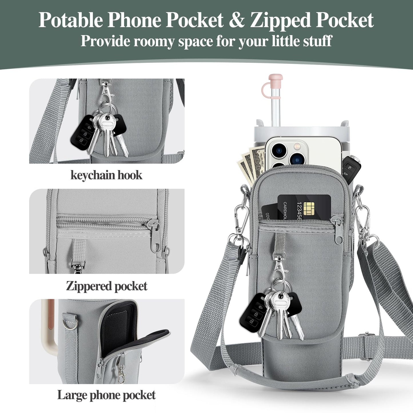 linmaya Water Bottle Carrier Bag with Phone Pocket for Stanley 40/30 oz Tumbler Neoprene Water Bottle Holder Pouch with 2 Adjustable Strap & 3 Leak Stoppers for Stanley Cup Accessories