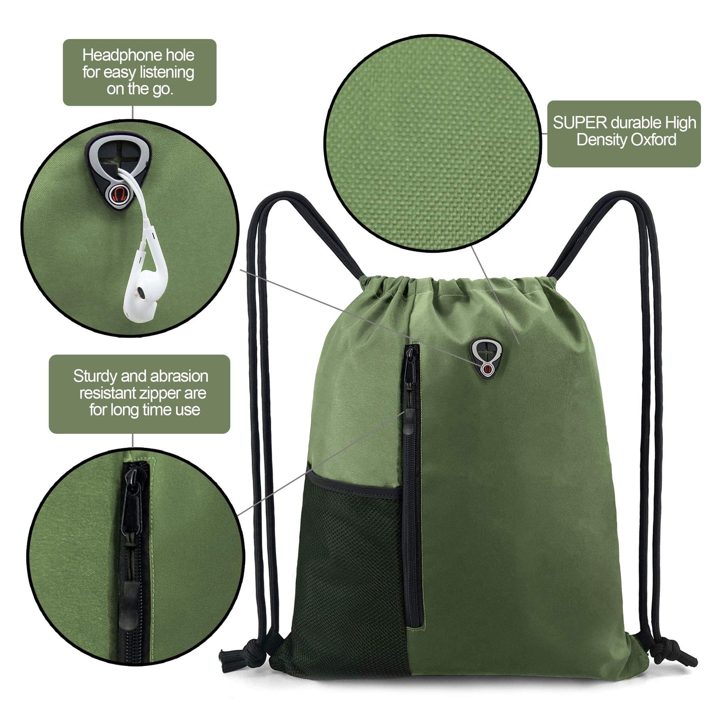 BeeGreen Green Drawstrings Backpacks Bags For Men String Backpack For Women With Water Bottle Pocket &Front Zippered Pocket Large Sackpack For Traveling Yoga Beach Outdoor Gym