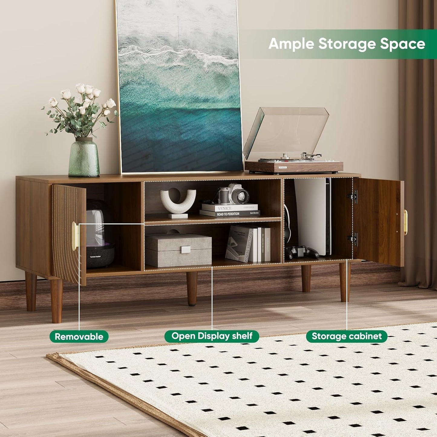 Algherohein 43" TV Stand for TVs up to 55 Inch, Entertainment Center with Storage and Adjustable Shelves, Modern Media Console for Living Room, Walnut