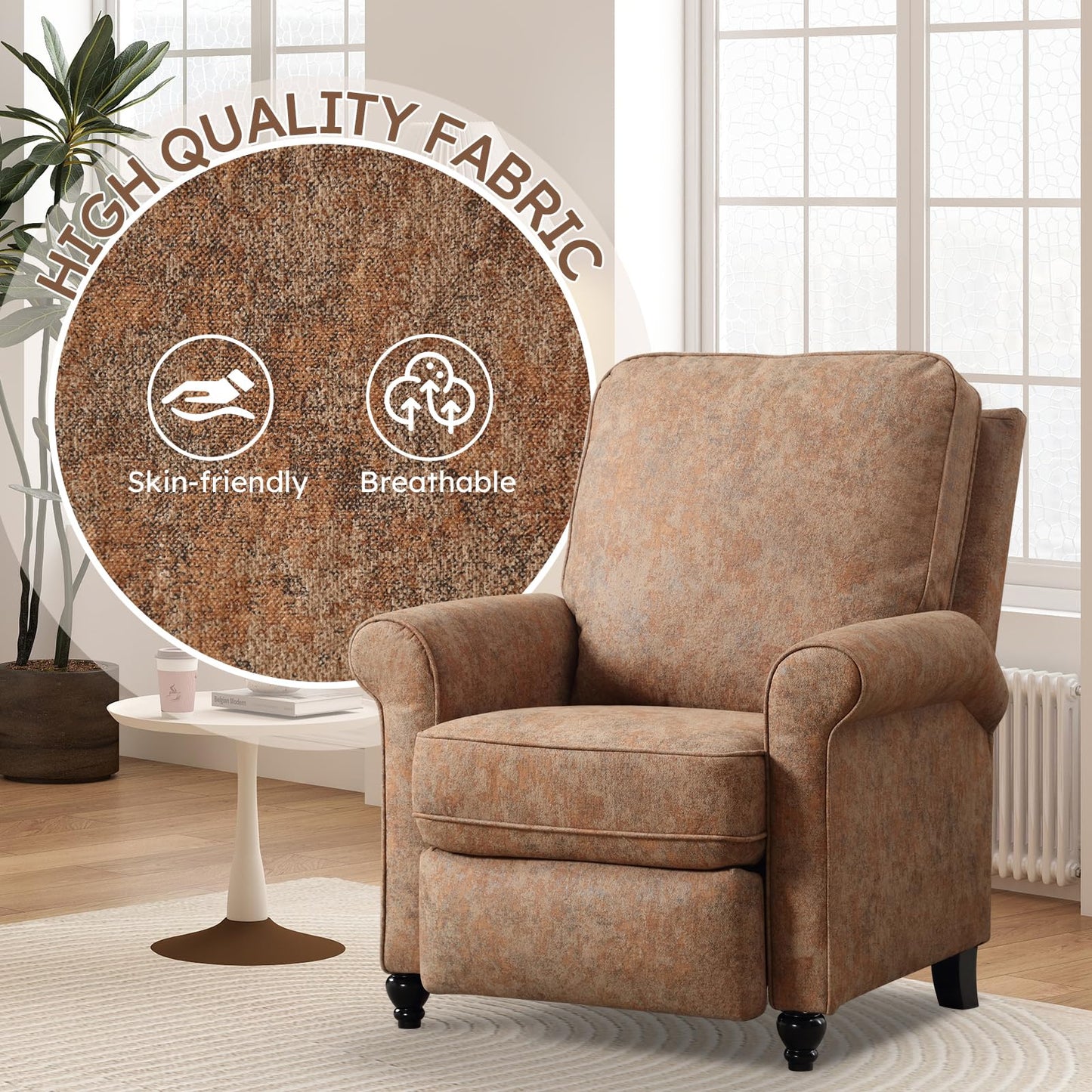 Bonzy Home Recliner Chair Accent Chair Set of 2, Push Back Reclining Chair with Padded Seat, Single Sofa Fabric Recliners for Living Room Bedroom Home Theater, Retro Brown