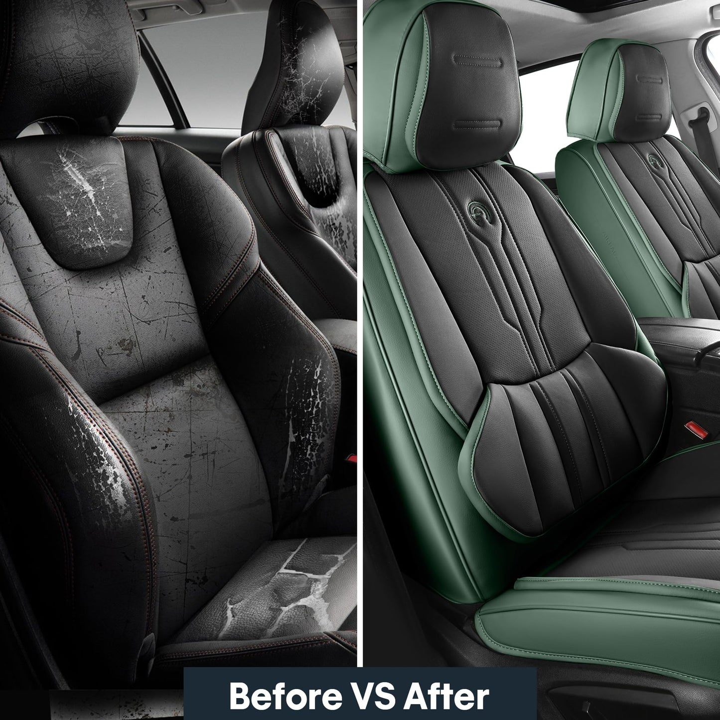 AOOG Front Seat Covers, Car Seat Covers Front Seats, Leather Seat Covers for Cars, Waterproof Seat Covers with Lumbar Support Universal Fit for Most Cars SUV Trucks(Front Pair, Green&Black)
