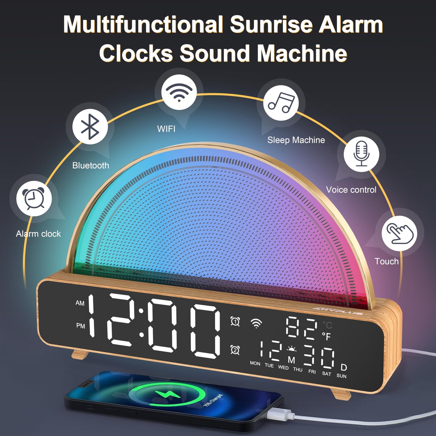 ANYPLUS Sunrise Alarm Clocks White Noise Sound Machine for Bedrooms, Wood Grain Base Wake Up Light Alarm Clock with 13 Soothing Sounds & 8 Color Night Lights for Baby/Adults/Kids(with APP