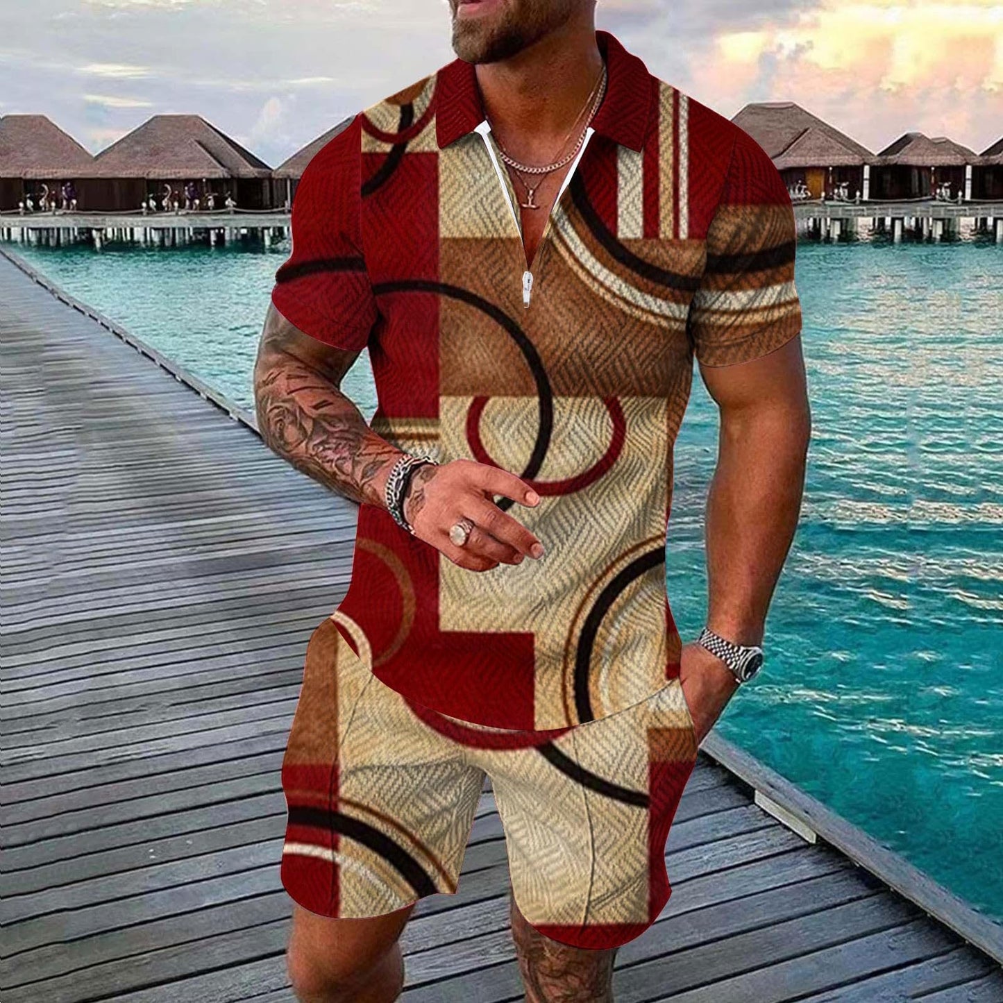 Generic Mens Pajama Lounge Sets 2 Piece Outfits Matching Short Sleeve Polo Tee Shirts and Casual Short Sets Fashion Tracksuits, X-Large, #D01-khaki