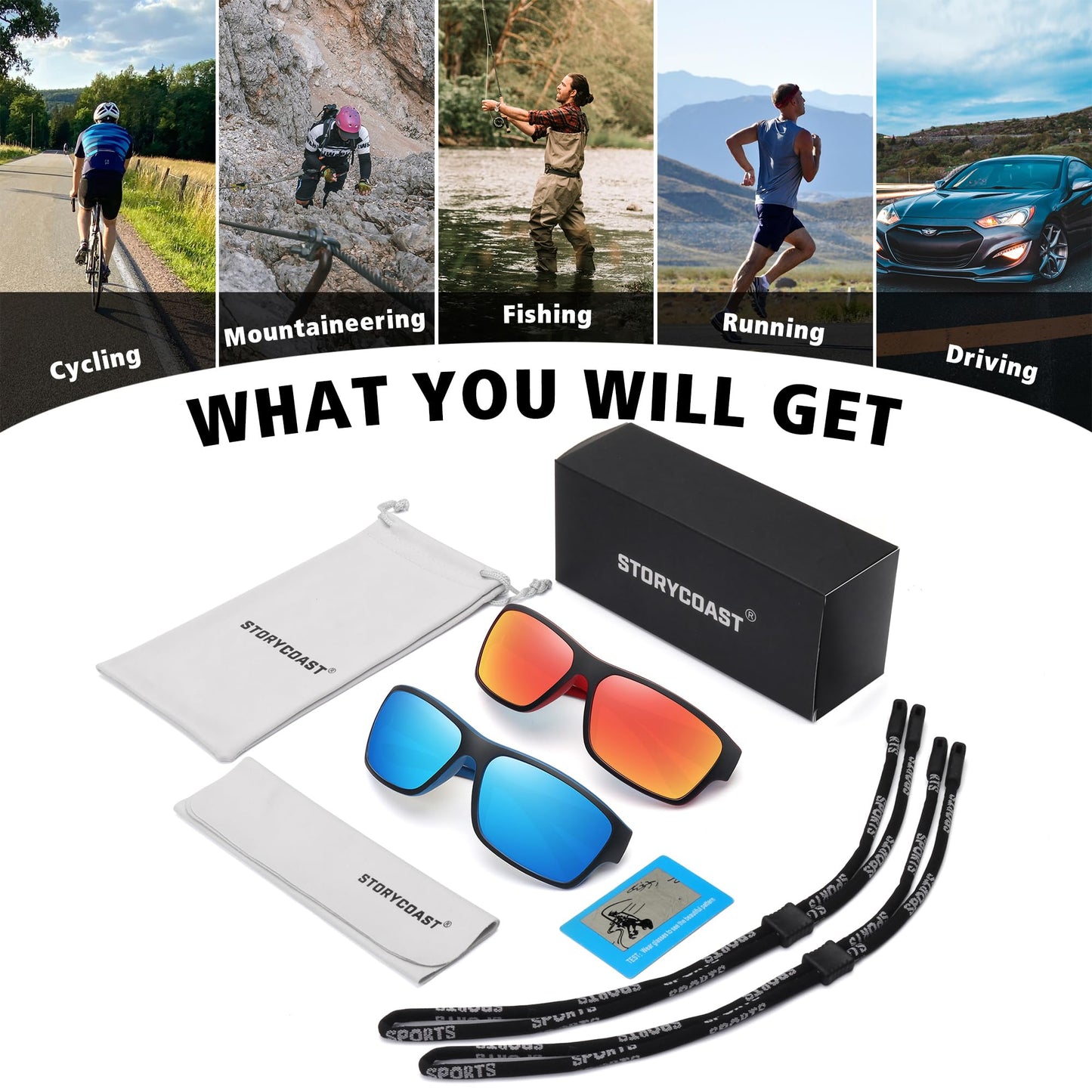 STORYCOAST Polarized Sports Sunglasses for Men Women Unbreakable Frame Cycling Fishing Driving Blue Mirror+Red Mirror 2Pack