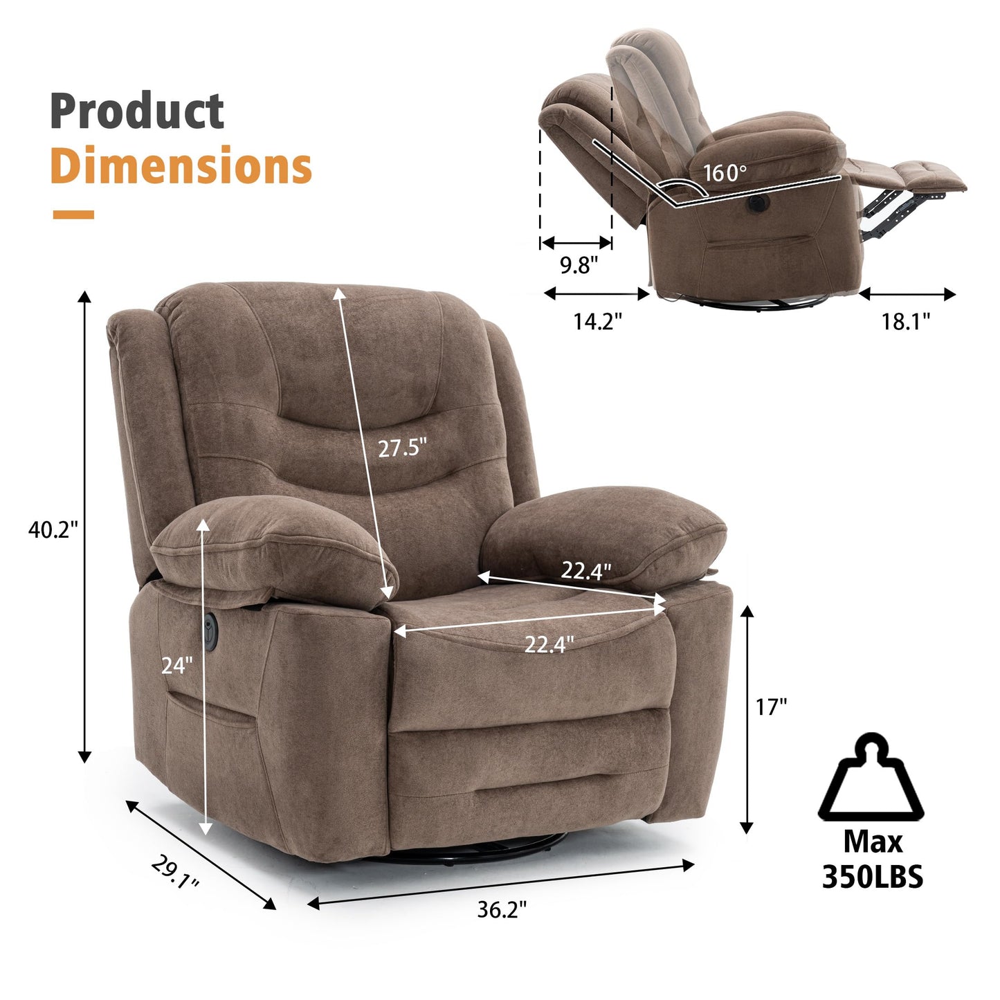 Ketaiyou Power Swivel Rocker Recliner with Massage and Heat, USB Port, Infinite Position, Overstuffed Electric Glider Rocking Chairs Living Room, Soft Fabric Reclining Sofa Chair(Mocha)