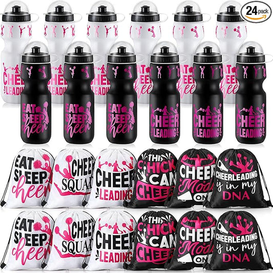 24 Pcs 24 oz Cheerleading Water Bottle Bulk and Drawstring Bag Set 12 Reusable Plastic Biking Water Bottle Tumbler 12 Sport Gym Goodie Gift Bag for Party Favor