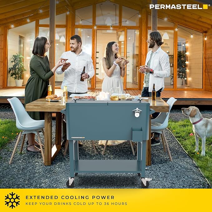 Permasteel Party Cooler with Removable Basin, Spacious 80-Qt Capacity, Rolling Ice Chest for Indoor and Outdoor Entertainment Teal + Bonus Cover