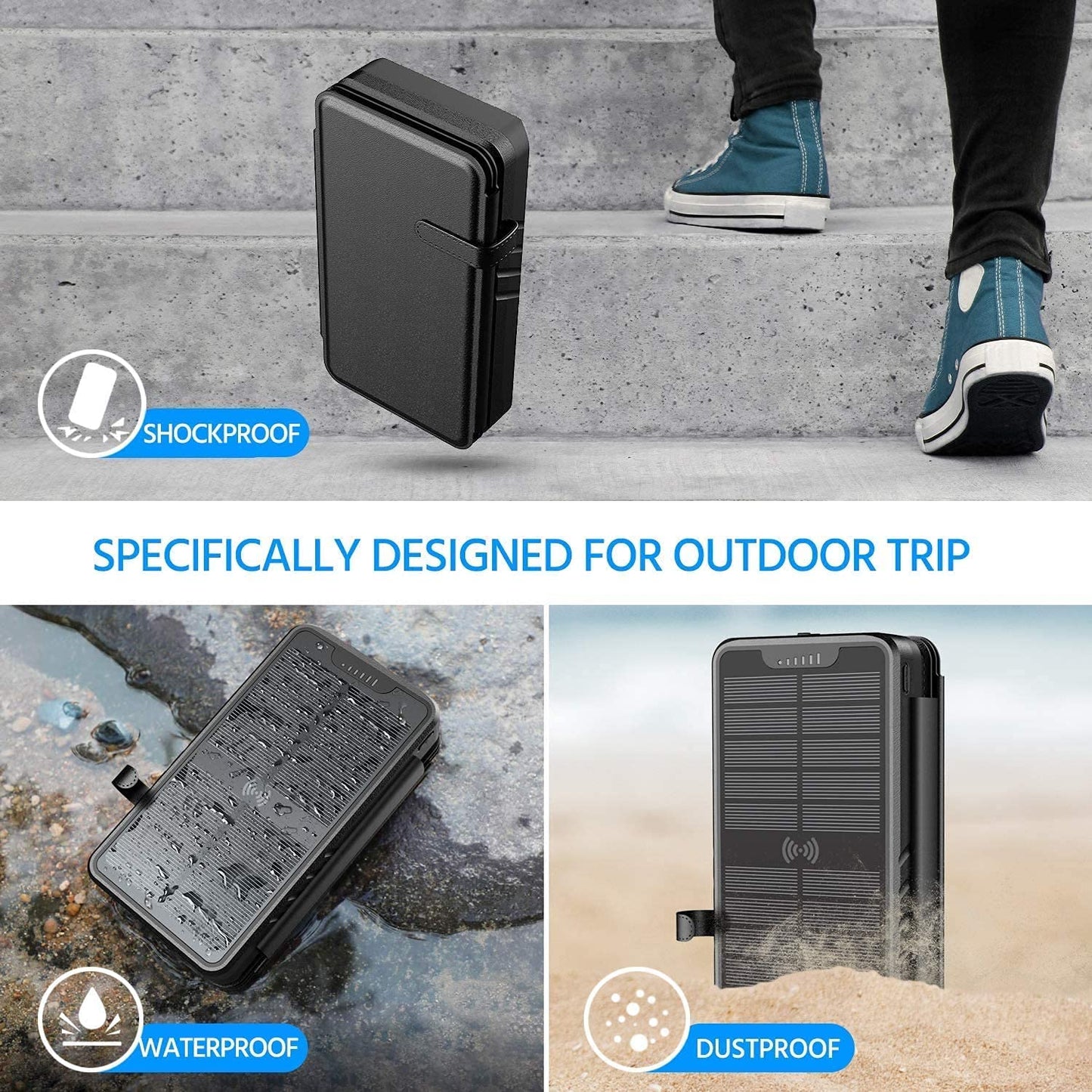 QiSa Solar Charger 38800mAh Power Bank with Dual 5V3.1A Outputs 10W Qi Wireless Charger Waterproof Built-in Solar Panel and Bright Flashlights
