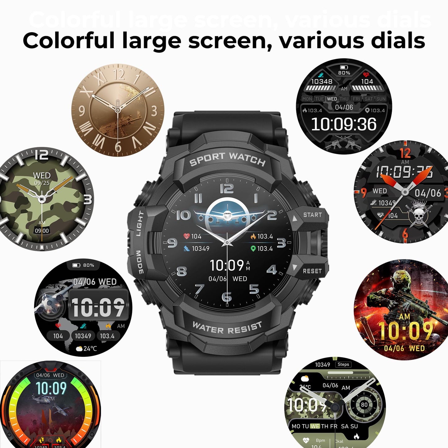 MIDDOW Military Smart Watch with Flashlight (Answer/Make Call) Compass, Heart Rate/Sleep/Pedometer/100+ Sports Modes, Fitness Tracker IP68 Waterproof, Long Battery Life Android & iOS (Black)