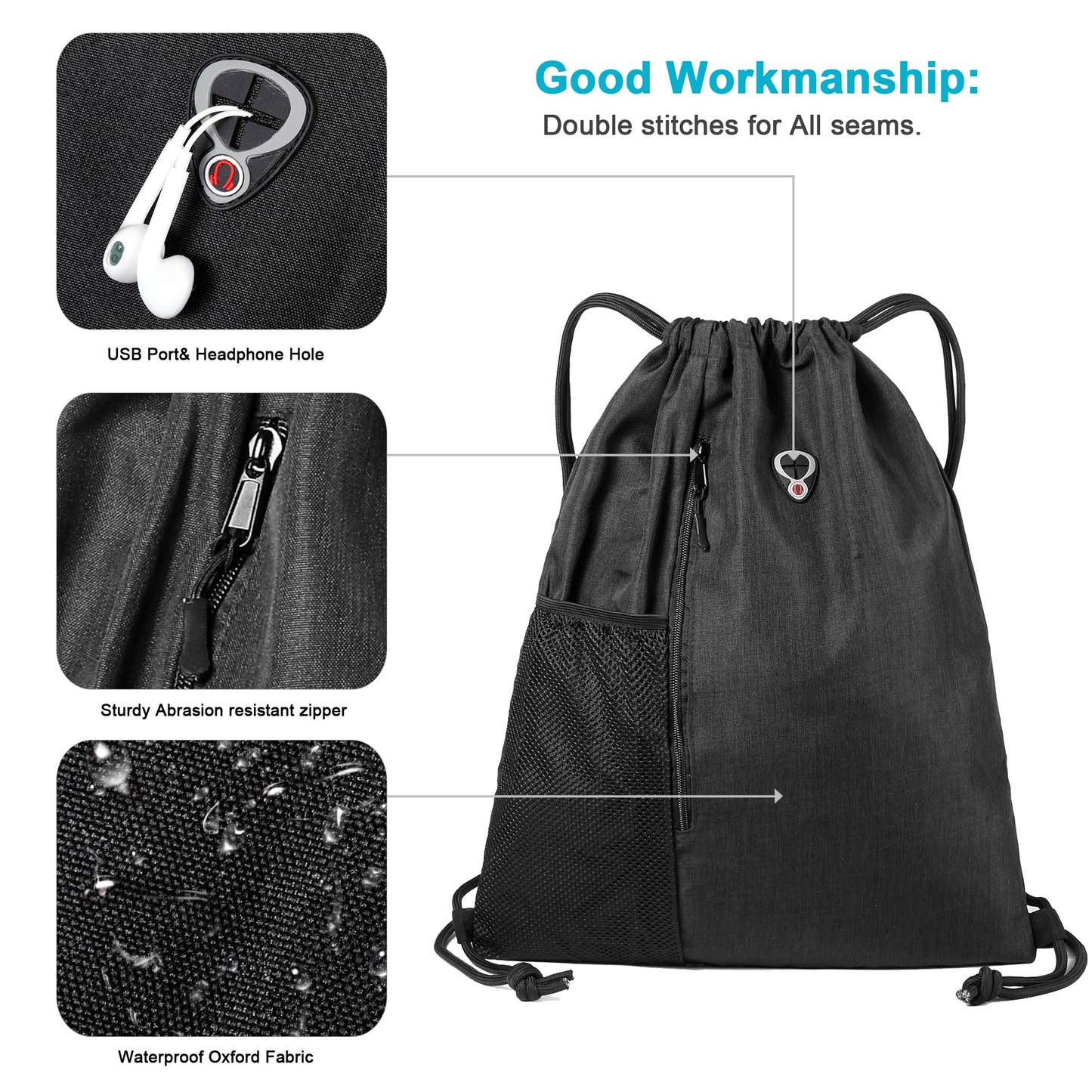 BeeGreen Mix Black Drawstring-Backpack-Gym-Bag, Large Sports Bag For Women W Water Bottle Pocket &Front Zippered Pocket, String Sackpack For Traveling Yoga Beach Outdoor