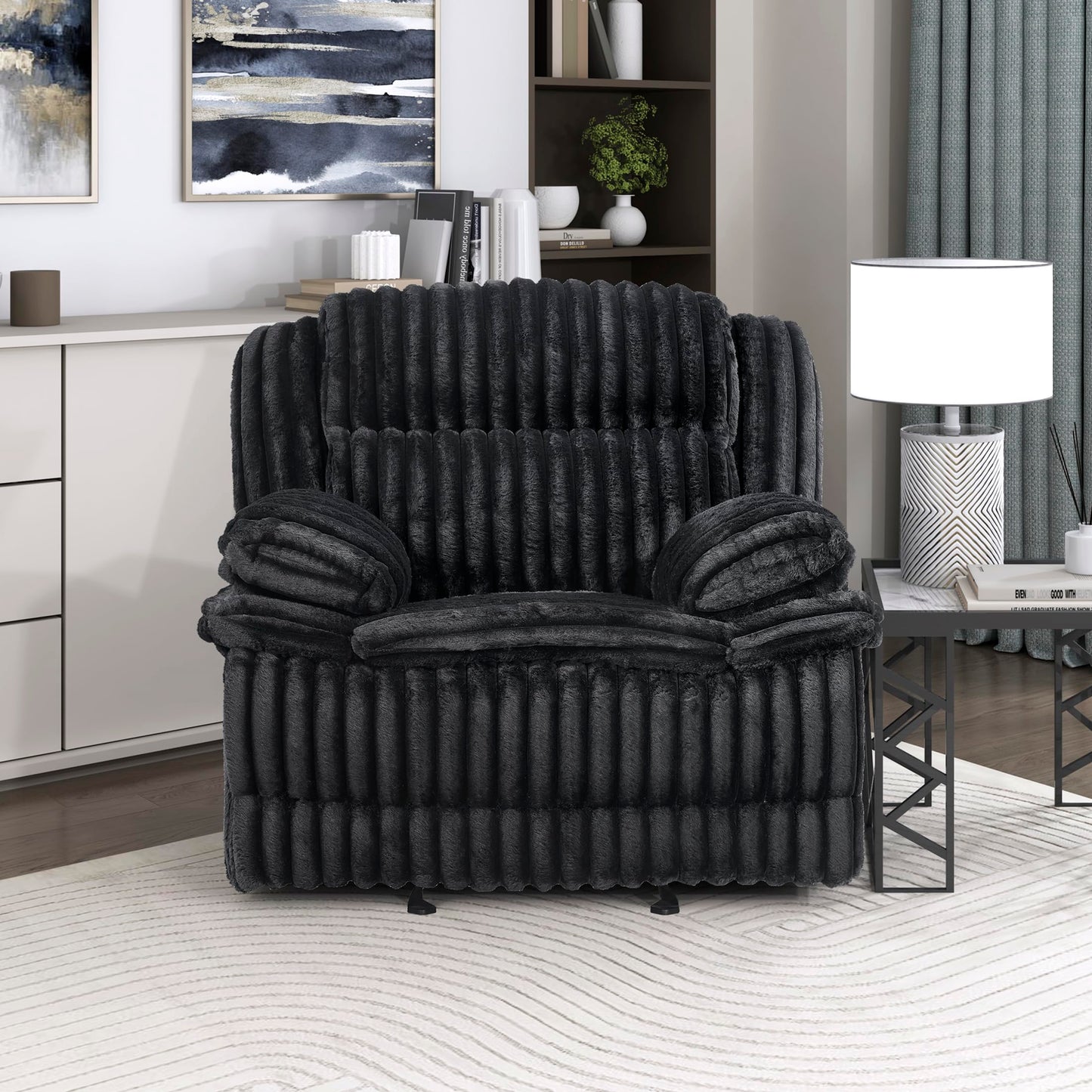 Lexicon Manual Glider Recliner Chair, Corduroy Manual Tab Pull Reclining Chair with Pillow Top Arms, Plush Cushions, Cozy Theater-Style Accent for Living Room/Bedroom, Easy Assembly, Black