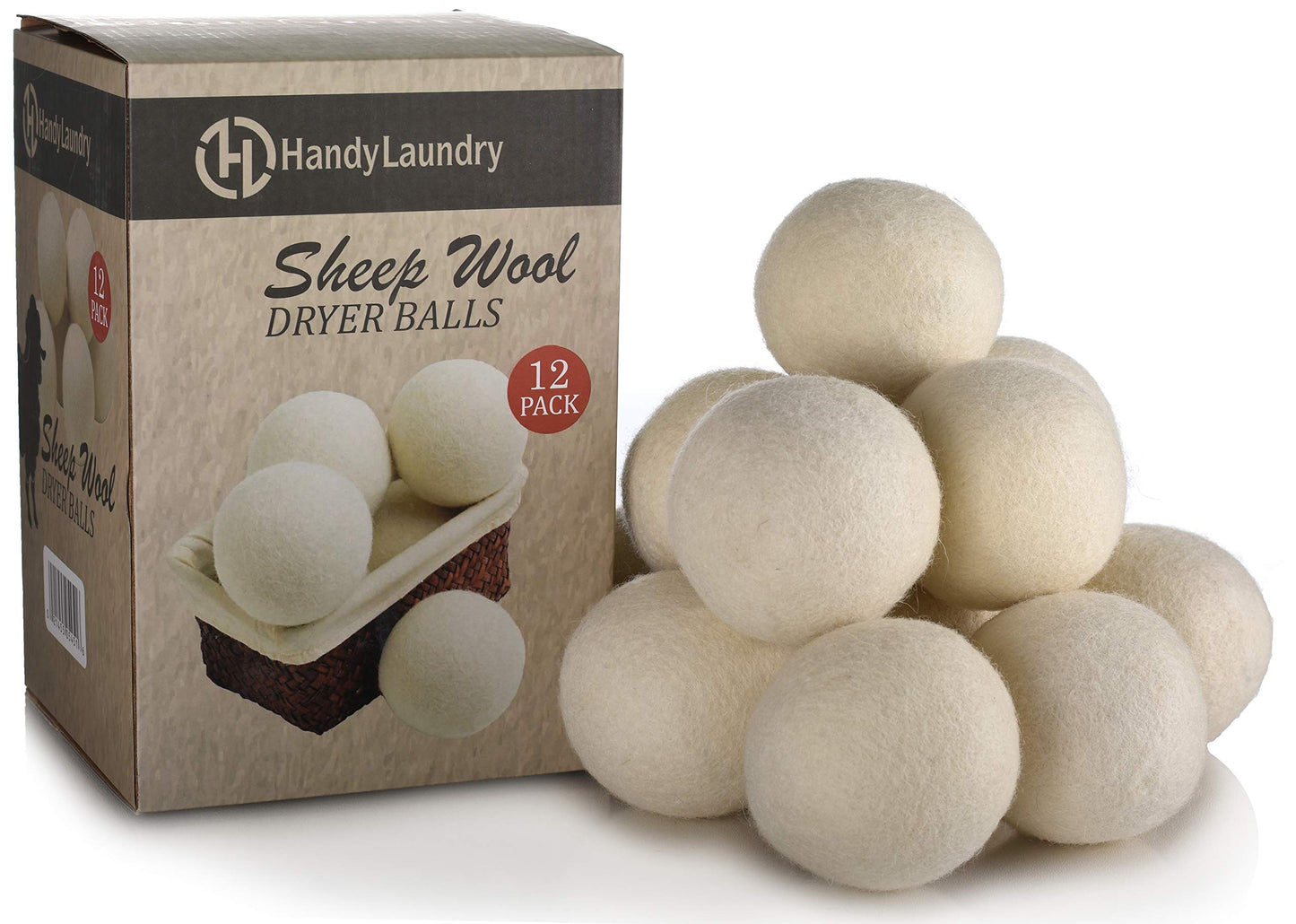 Handy Laundry Wool Dryer Balls - Natural Fabric Softener, Reusable, Reduces Clothing Wrinkles and Saves Drying Time, Better Alternative to Plastic Balls and Liquid Softener (Pack of 12)