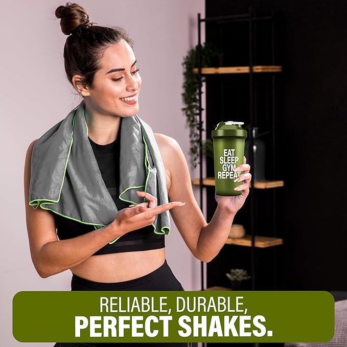 Shaker Bottles for Protein Shakes 24oz, Plastic Bottle for Pre and Post Workout, Protein Shaker Bottle with Wire Whisk Ball, Shaker Cup, Dishwasher Safe (EAT SLEEP GYM REPEAT, GREEN)
