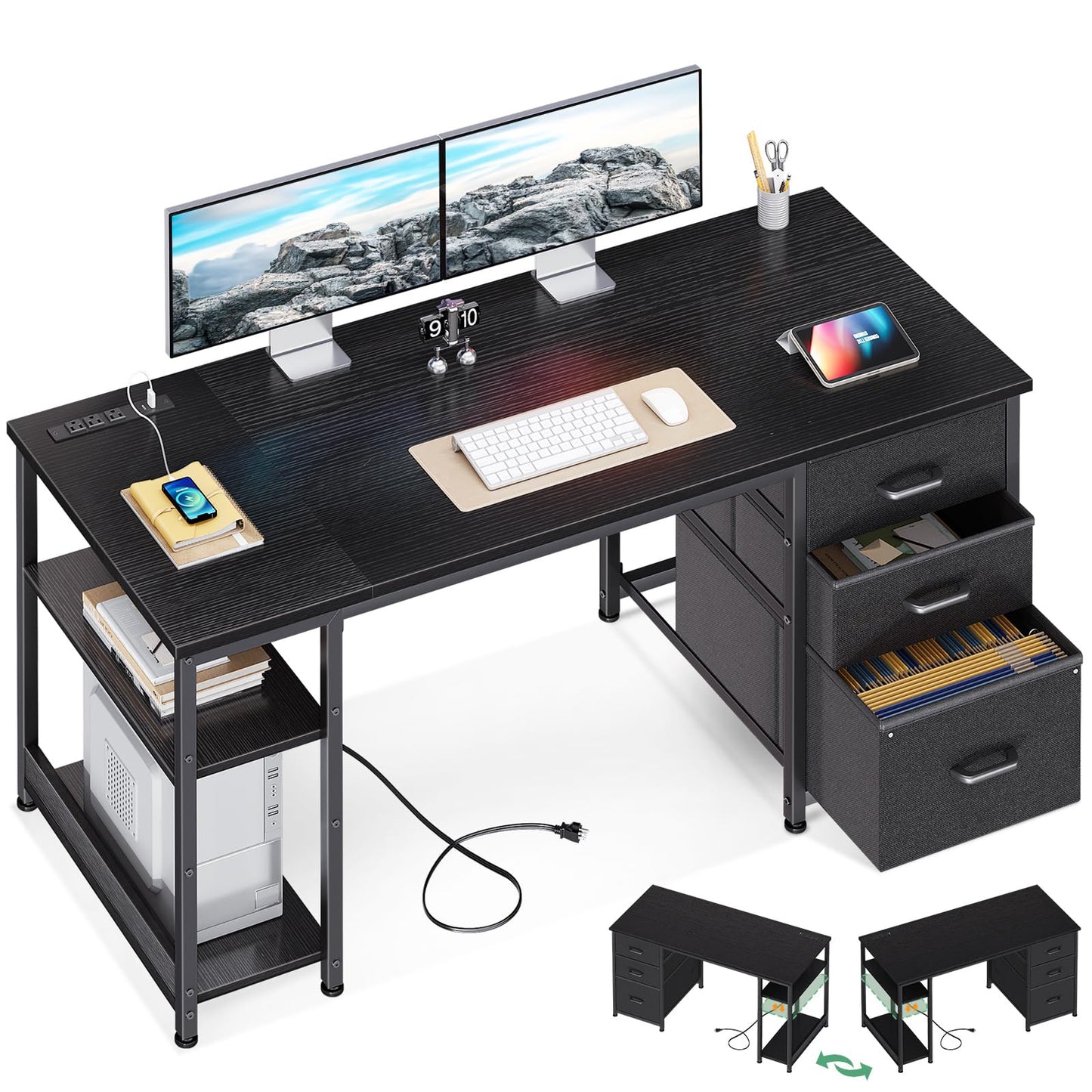 AODK 51 Inch Computer Desk with Fabric Drawers & USB Power Outlets, Reversible Home Office Desk with Storage Shelves, Work from Home, Modern Work/Writing/Study Table for Bedroom, Black