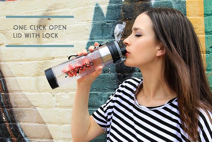 NEW AquaFrut Bottom Loading Fruit Infuser Water Bottle Complete Bundle Includes Bottle Brush, Insulating Sleeve & Infusion Recipe eBook. Leak Proof Sweat Proof BPA-Free (Black)