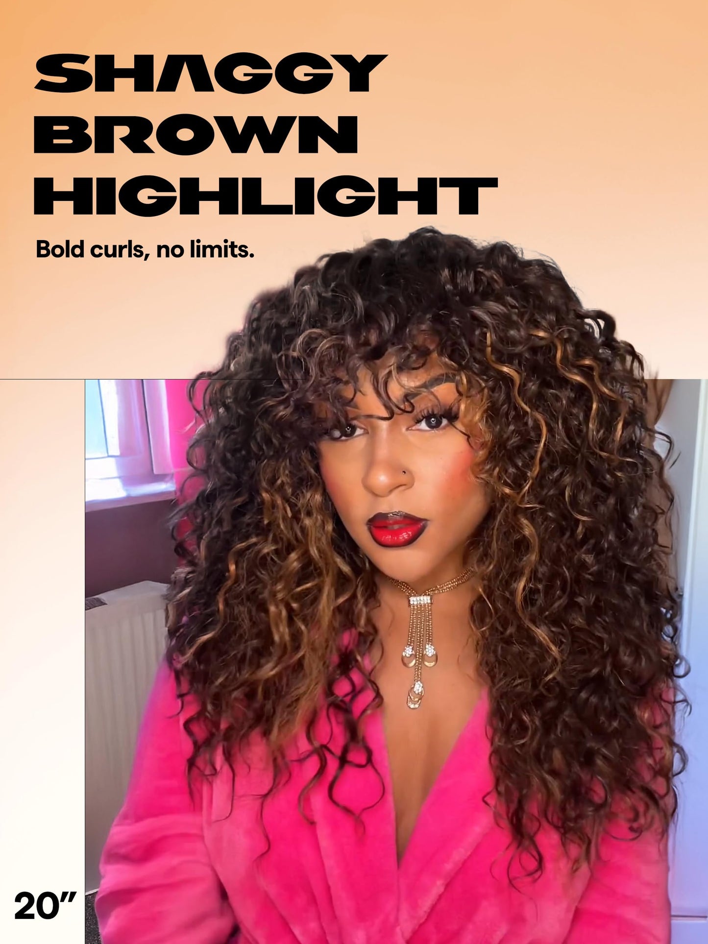 GORGIUS Highlight Brown Curly Wig with Bangs Glueless Synthetic Bang Wigs with Realistic Scalp Put On ang Go Beginner Friendly 20 Inch