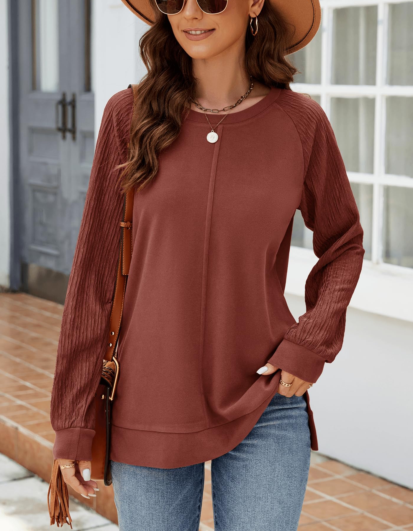 Aifer Womens Fall Fashion 2024 Long Sleeve Tops Trendy Crewneck Sweatshirt Winter Clothes Caramel