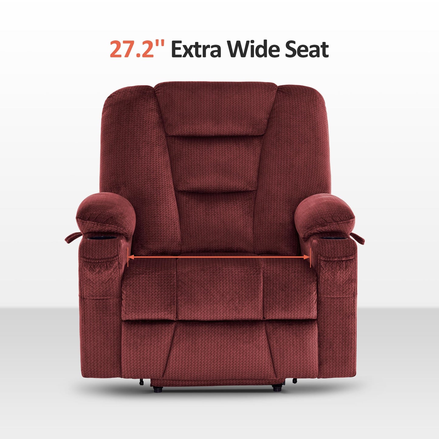 MCombo Oversized Power Lift Recliner Chair Sofa with Massage and Heat for Elderly People Petite, USB Ports, Side Pockets, Fabric R7561 (Burgundy, Small-Oversize)