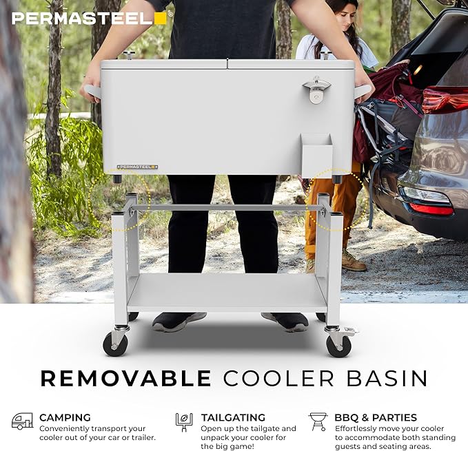 Permasteel Party Cooler with Removable Basin, Spacious 80-Qt Capacity, Rolling Ice Chest for Indoor and Outdoor Entertainment White + Bonus Cover