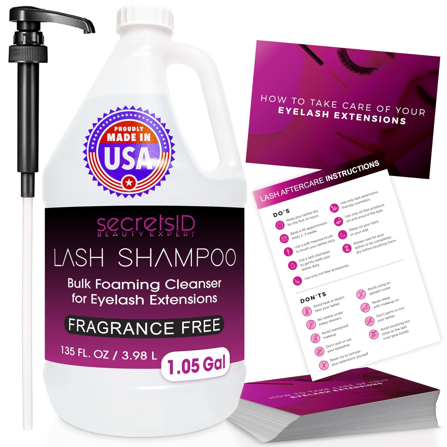 Professional Lash Shampoo for Eyelash Extensions Bulk 3.98L - 1.05 Gallon with 50 Aftercare Cards - Premium Made in North-America Eyelid Foaming Cleanser - Salon Lash and Brow Wash - Fragrance Free