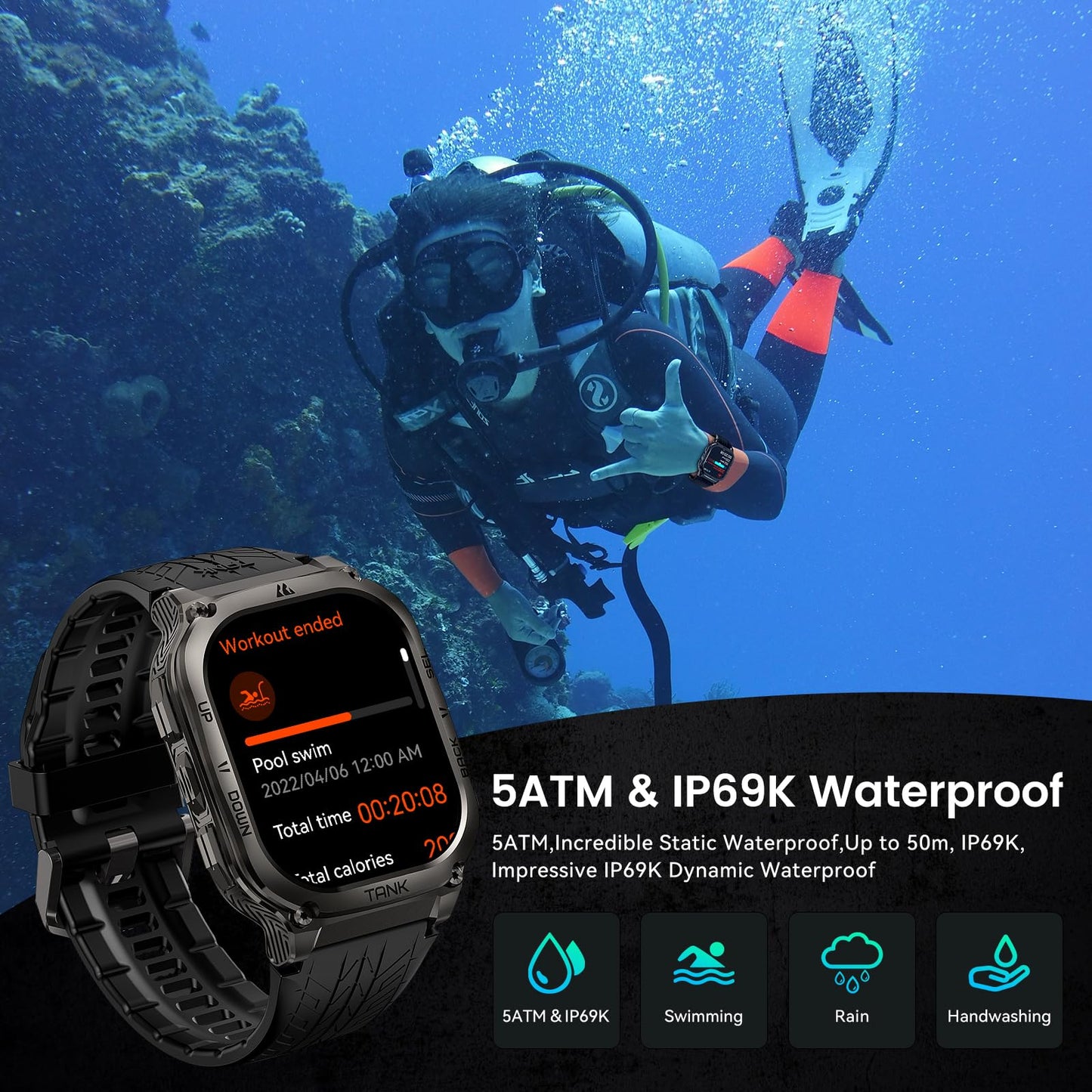 AMAZTIM Smart Watch, 60 Days Extra-Long Battery, 50M Waterproof, Rugged Military Bluetooth Call(Answer/Dial Calls), 2.0" Ultra Large HD Display, AI Voice Assistant (Shiny Black)