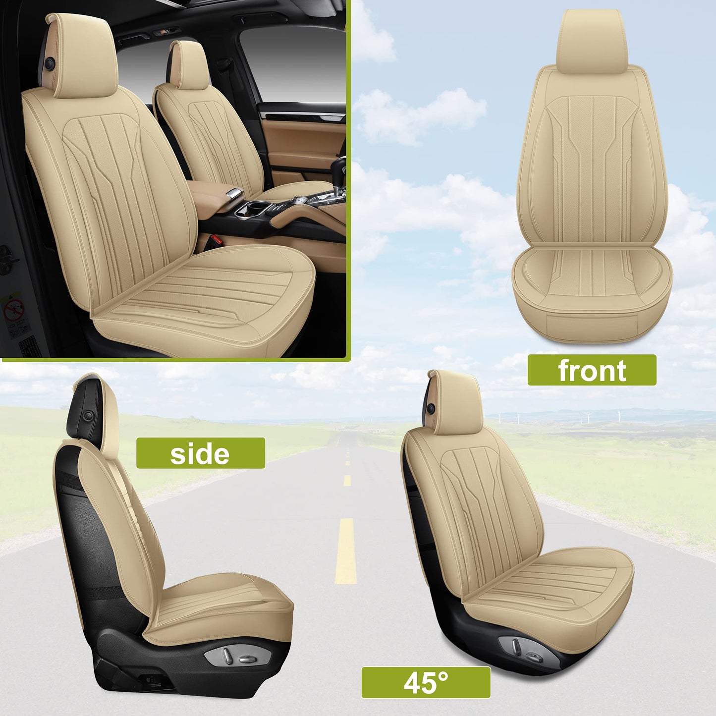 AOOG Leather Car Seat Covers, Leatherette Automotive Seat Covers for Cars SUV Pick-up Truck, Non-Slip Vehicle Car Seat Covers Universal Fit Set for Auto Interior Accessories, Front Pair, Beige