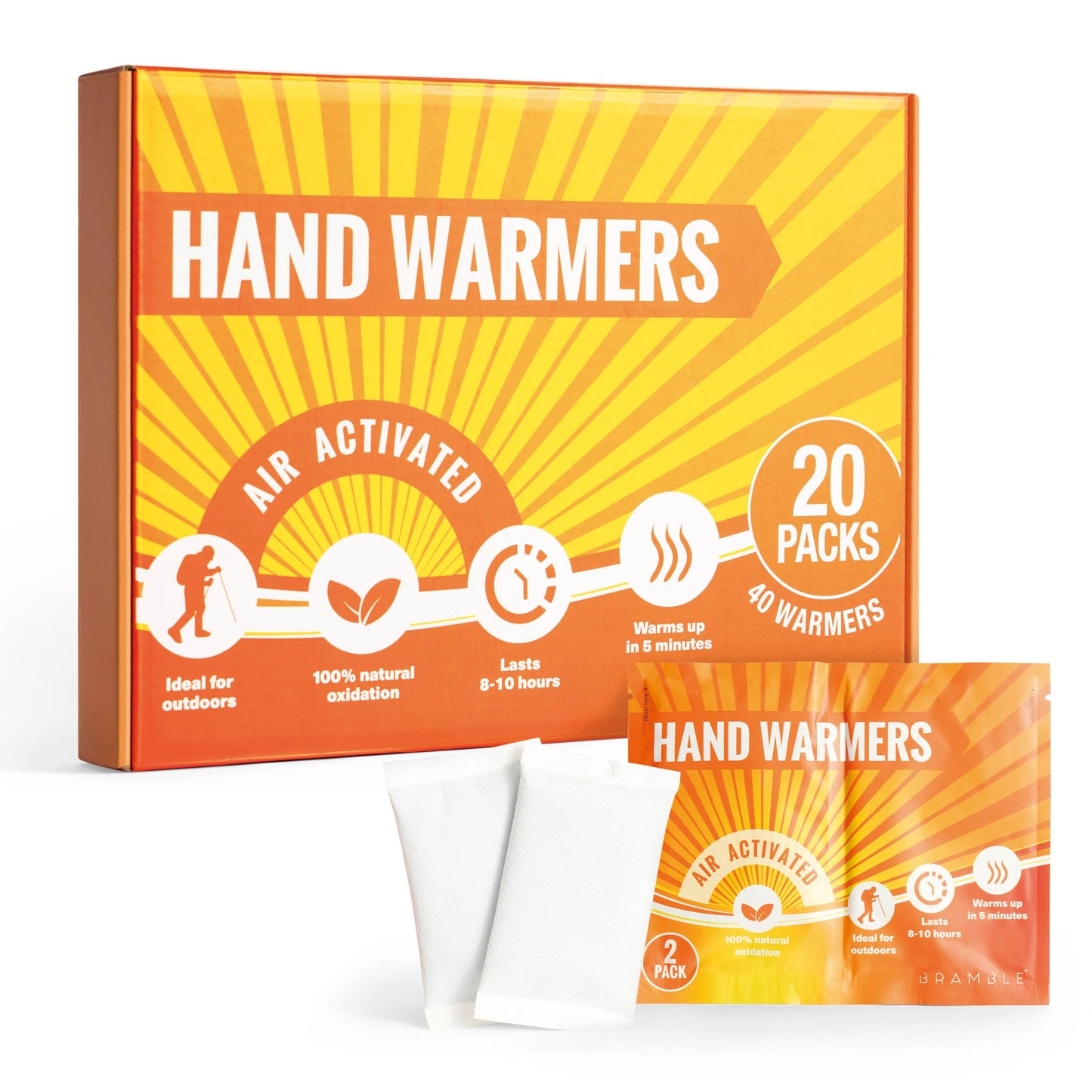 Bramble Hand Warmers Disposable - 20 Pack - Pocket Warmers for Hiking, Outdoor Activities, Skiing - 8 Hours of Heat