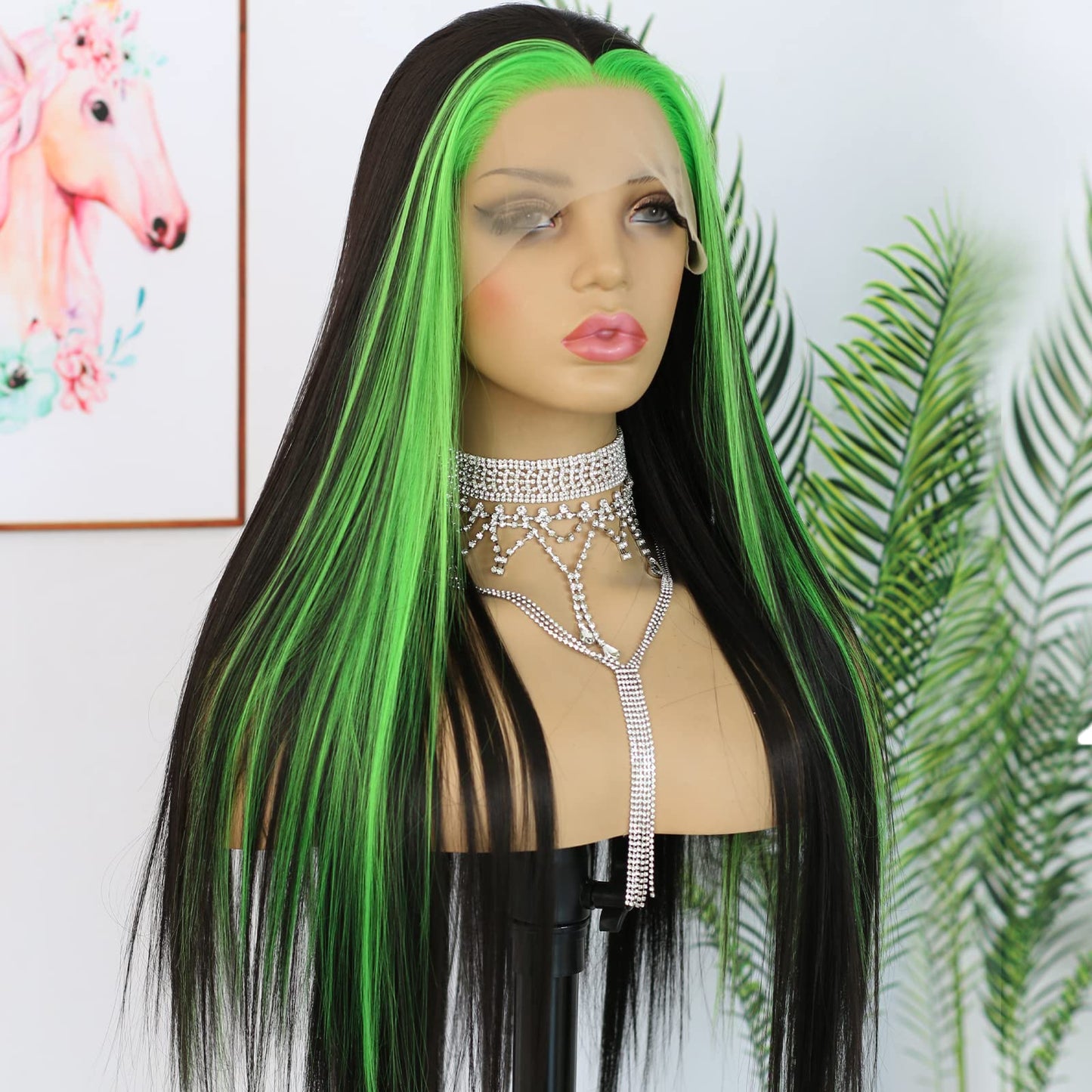 ANDRIA Lace Front Wigs Straight Hair Glueless Lace Wigs Synthetic Long Silk Straight Natural Wig Heat Resistant Fiber Black and Green Skunk Stripe Colorful Wig With Baby Hair For Black Women 24 Inches