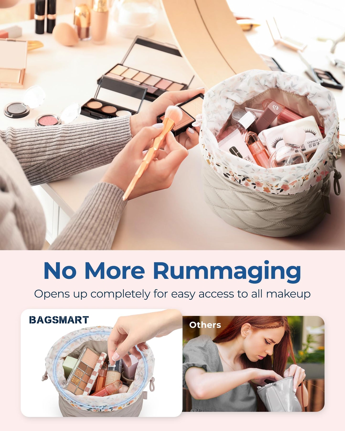 BAGSMART Barrel Drawstring Makeup Bag, Travel Toiletry Bag, Large Cosmetic Bag, Portable Make Up Bags for Women Toiletries Accessories Brush, Khaki