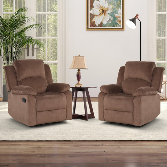 CANMOV Manual Recliner Chair Set of 2, Soft Fabric Overstuffed Recliner Single Sofa Chair for Living Room Bedroom, Heavy Duty and Safety Reclining Mechanism, Light Brown