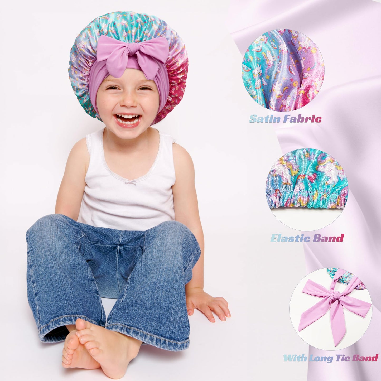choshion 2 PCS Kids Bonnets for Girls, Silk Bonnet for Kids, Satin Silk Hair Bonnet for Sleeping with Tie Band, Baby Toddler Teens Child Sleep Cap for Curly Hair Braids