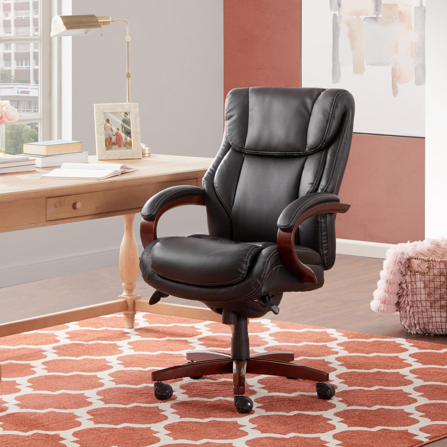 La-Z-Boy Bellamy Executive Office Chair with Memory Foam Cushions, Real Wood Arms and Swivel Base, Waterfall Seat Edge, Faux Bonded Leather, Black