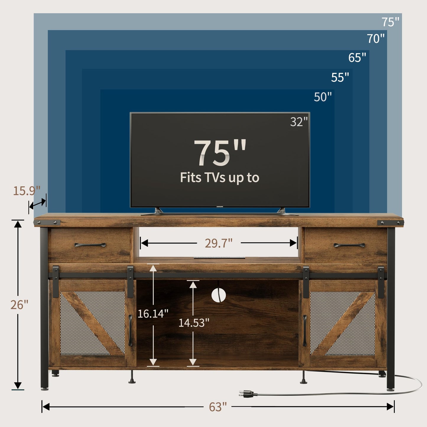 AntsandAnts TV Stand for 75 Inch TV,Entertainment Center with Power Outlets, 2 Drawers & Sliding Barn Doors, Rustic Wood Industrial TV Table for Living Room, Fits Up to 75" TVs