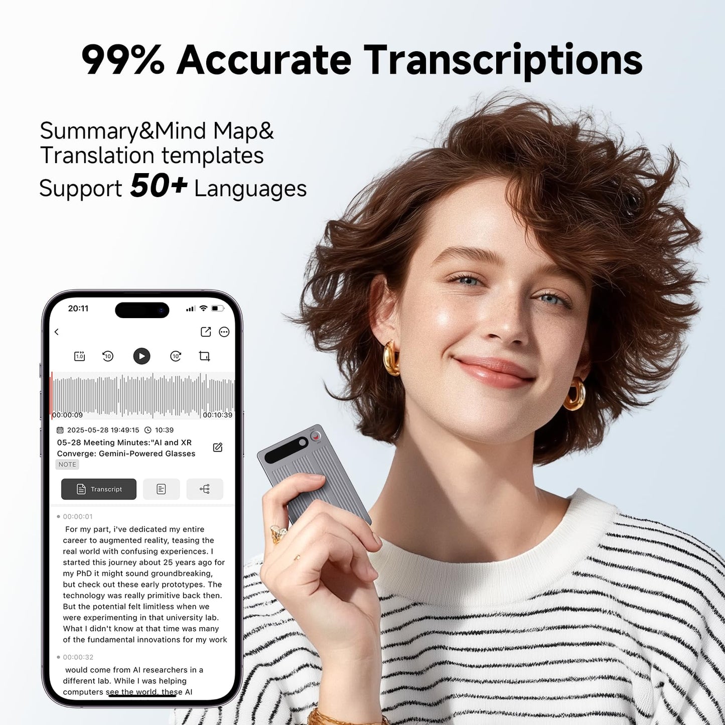 AI Voice Recorder, Note Voice Recorder with Transcribe&Summarize, Two-Way Translation with APP, 50+ Languages, 64GB Memory, Recording Device Compact&Lightweight for Lectures, Meetings, Calls,Interview