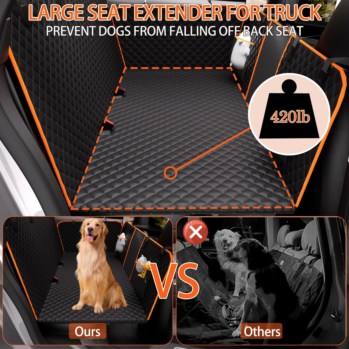 Back Seat Extender for Dogs,Holds 420lbs,Waterproof Dog Car Seat Cover for Back Seat with Hard Bottom,2025 Upgraded Material Dog Hammock for Car,Easy to Use and Clean