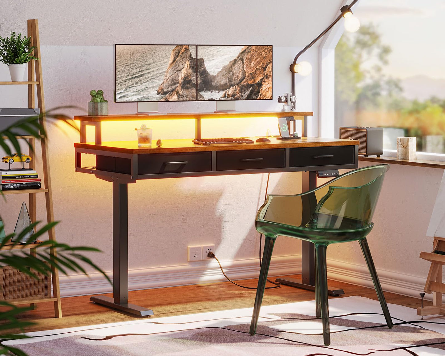 AODK Electric Standing Desk with Drawers, 55 Inch Height Adjustable Gaming Desk with Power Outlets & LED Lights, Sit Stand Table with Monitor Stand for Home, Office, Workstation, Rustic Brown