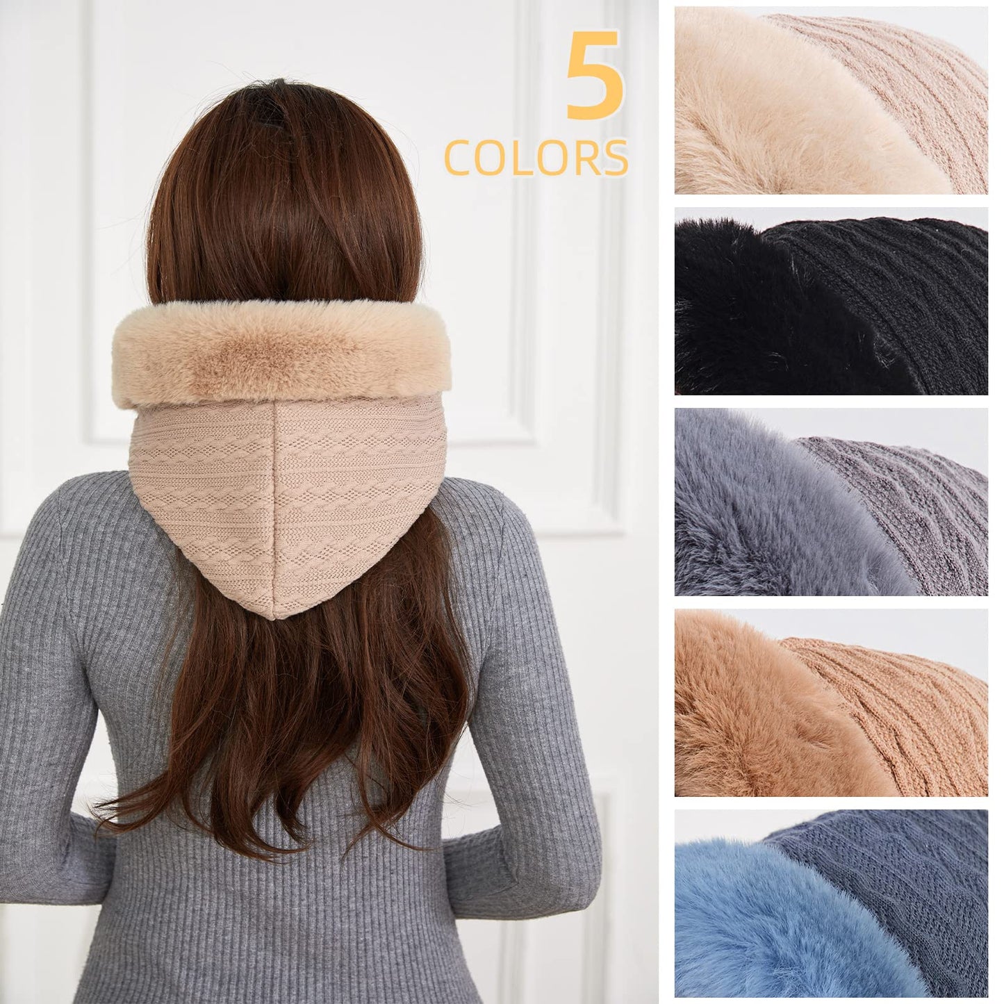 AkiiGer Womens Winter Hats, Warm Hooded Scarf Hat for Women, Fleece Beanie Hats with Drawstring, Winter Balaclava Knit Skull Cap(Black)