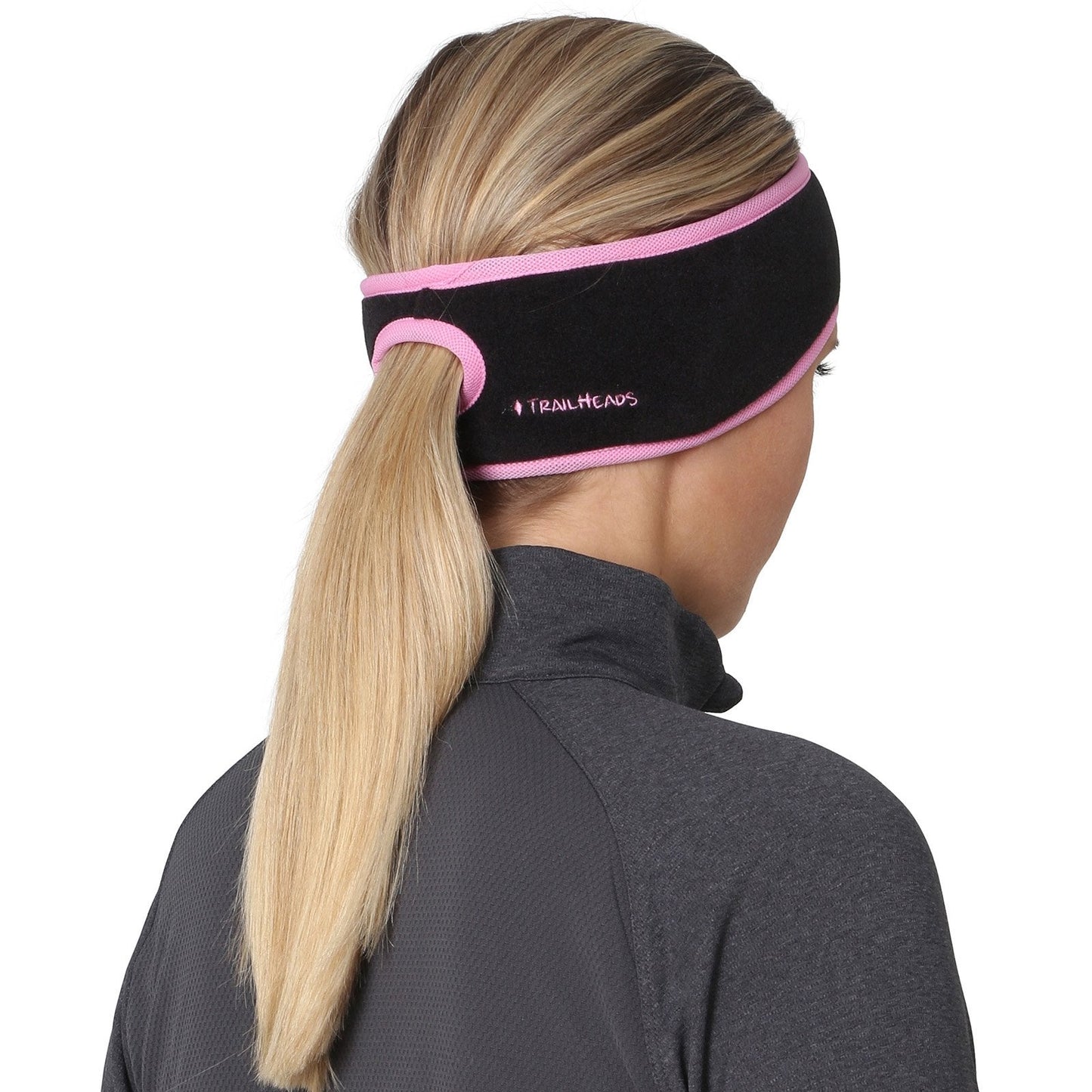 TrailHeads Women’s Ponytail Headband | Fleece Earband | Winter Running Headband - Black/Fast Pink