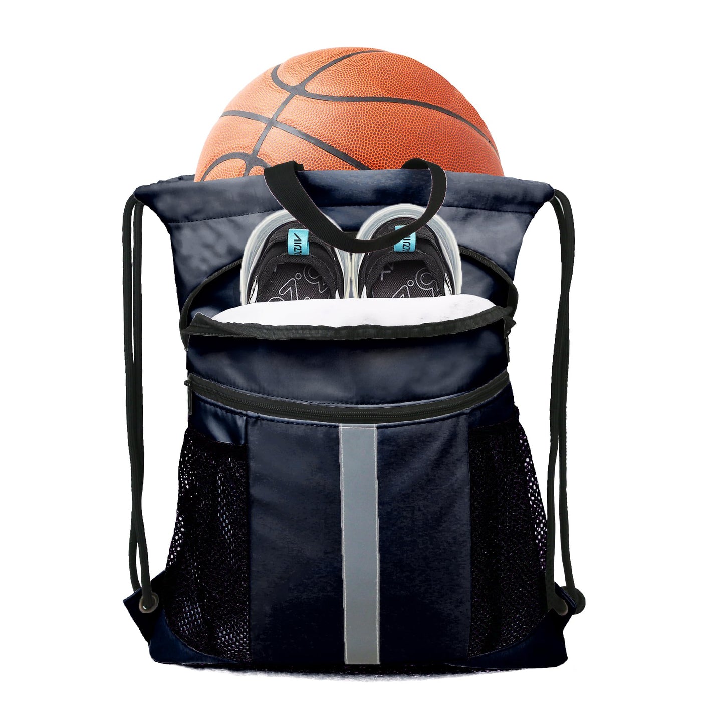 BeeGreen Navy Blue Drawstring Backpack Bag with Shoe Compartment X-Large Gym Sports String Cinch Sackpack with Front Inside Zipper Pockets 75D