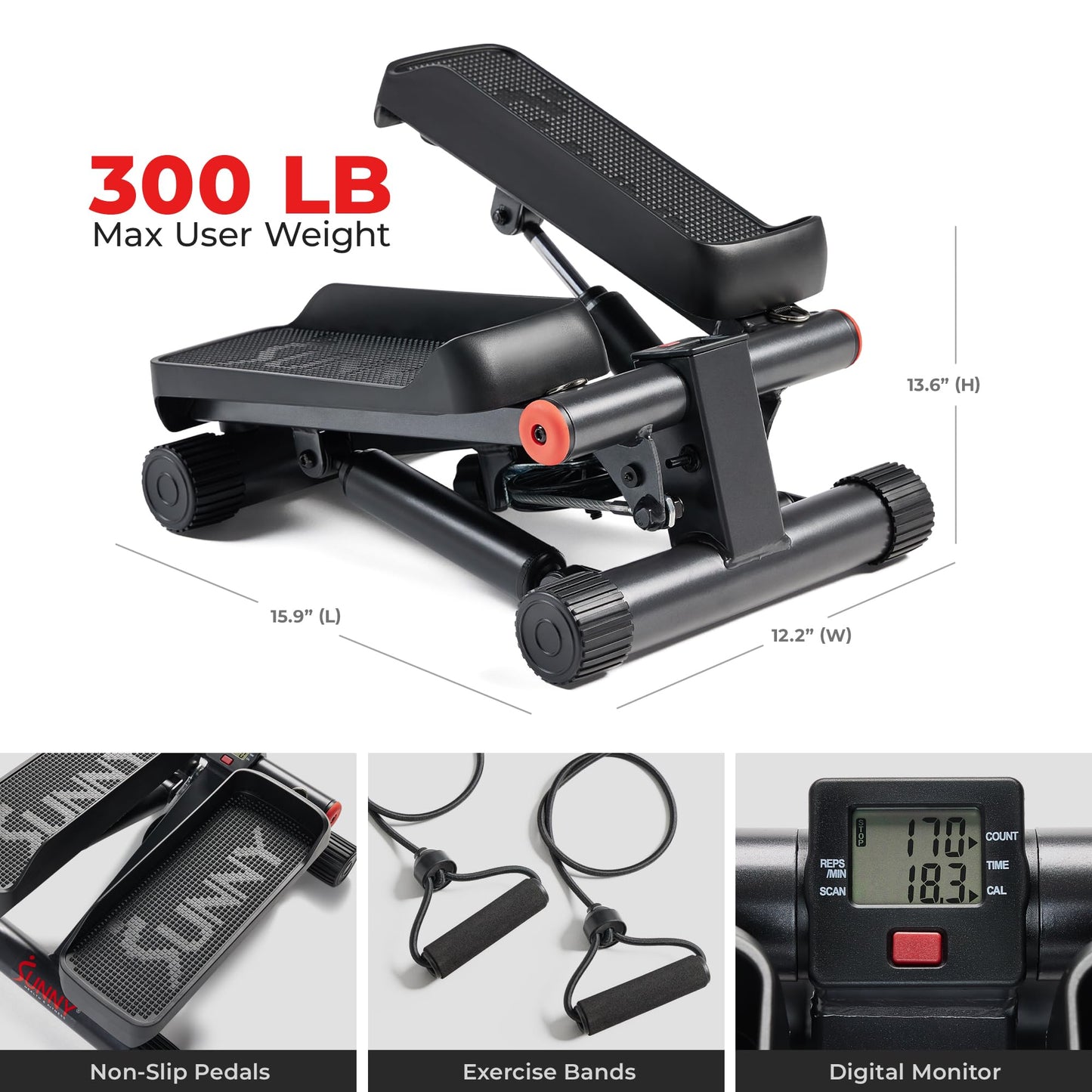 Sunny Health & Fitness Mini Steppers for Exercise at Home, Stair Step Workout Machine with Optional Resistance Bands, Full Body Cardio Equipment, Optional Free SunnyFit App Connection Smart Stepper
