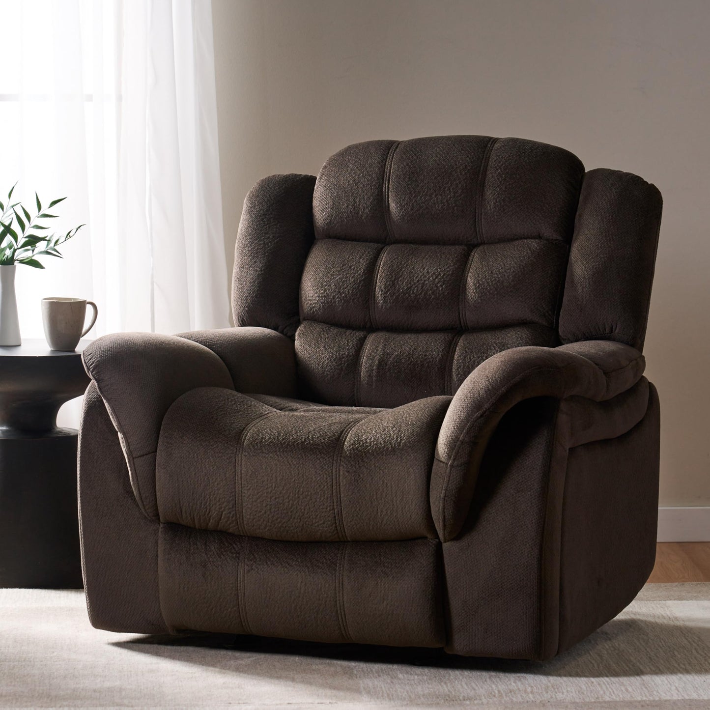 Oversized Recliner Chair, Glider Recliner Nursery Chair, Manual Recliner Chairs for Adults, Brown Fabric Recliner Sofa with Retractable Footrest & Tufted Design, Large Recliner Chair for Bedroom