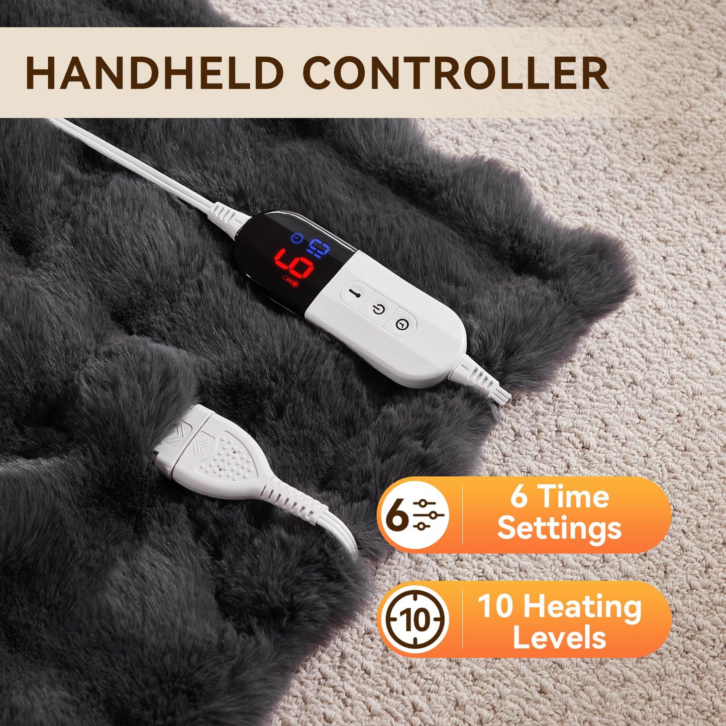 Anysay Heated Blanket Throw with 6 Hours Auto-Off 10 Heat Level, 62'' * 84'' Cozy Faux Rabbit Fur Bubble Electric Throw with Overheat Protection, Soft Fast Heating Blanket with ETL (Dark Grey)