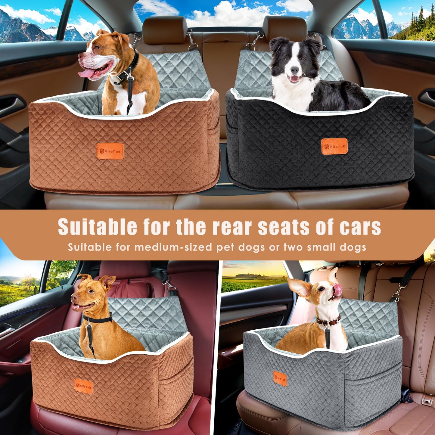 AlfaTok Memory Foam Booster Dog Car Seat for Medium Dogs Under 45 LBS, Elevated Pet Car Seat with Detachable Washable Cover, Anti-Slip Sturdy Dog Booster Seat with Seat Belt for Back Seat Travel