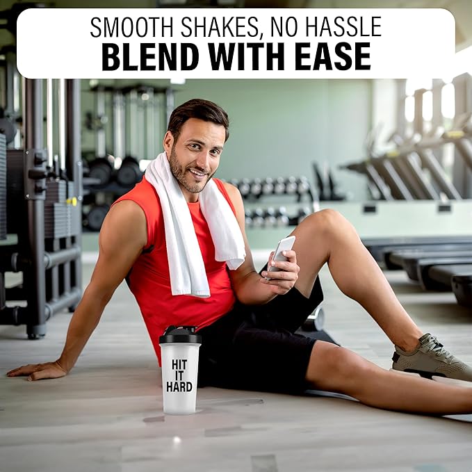 Shaker Bottles for Protein Shakes 24oz, Plastic Bottle for Pre and Post Workout, Protein Shaker Bottle with Wire Whisk Ball, Shaker Cup, Dishwasher Safe (HIT IT HARD, WHITE)