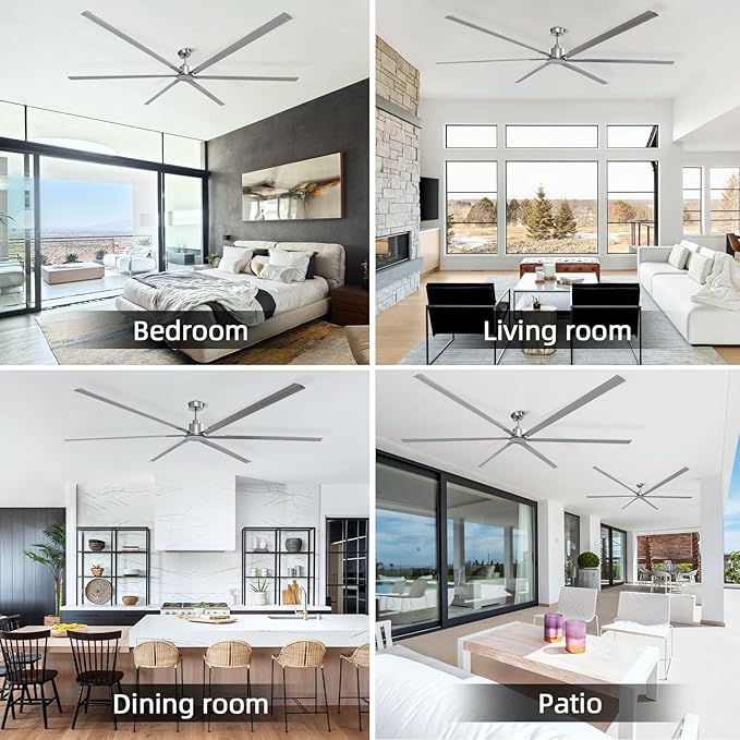 GESUM 100 Inch Ceiling Fans with Remote Control, Industrial Ceiling Fan with 6 Aluminum Blades, 3 Downrods, Reversible, 6-Speeds, Large Ceiling Fan for Porch/Garage/Shop (Brushed Nickel)