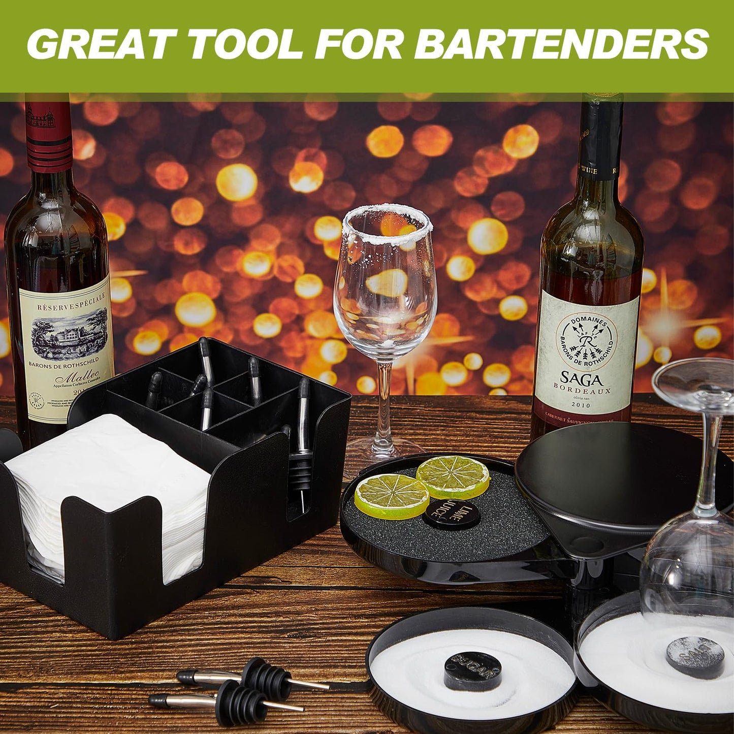 Mifoci 3 Tier Bar Glass Rimmer Bartender Tool Salt Rimmer for Cocktails Margarita 12 Pcs Stainless Steel Classic Bottle Pourers and Bar Caddy Set with 6 Compartments for Bartender Accessories Party