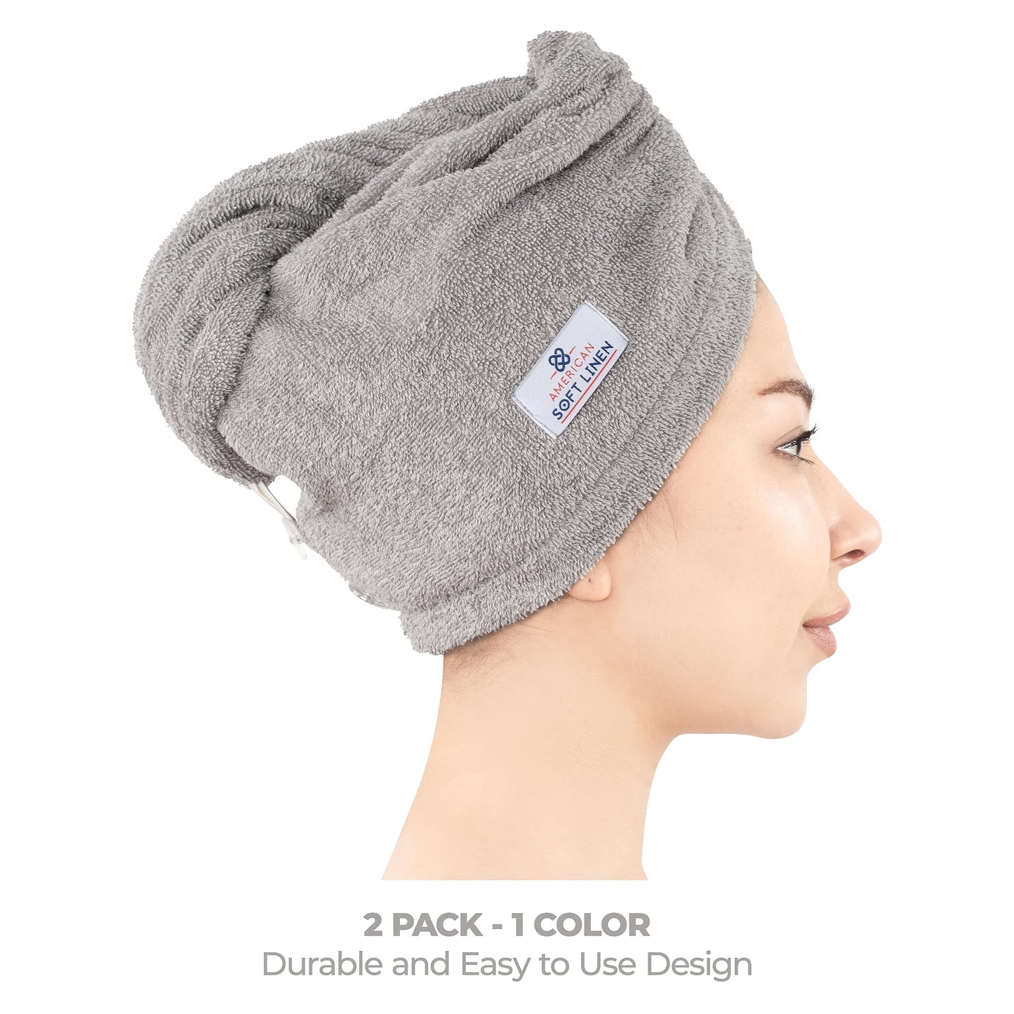 American Soft Linen 100% Cotton Hair Towels for Women, Head Towel Cap, Cotton Hair Turban Towel Wrap for Long Curly Anti Frizz Hair, Soft and Absorbent Cotton Hair Towels 2 Pack, Light Gray