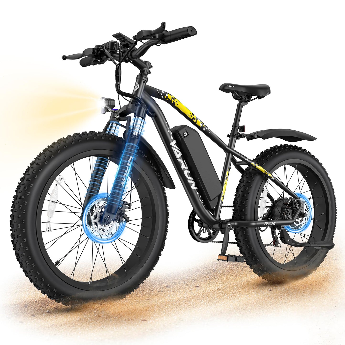 VARUN E Bikes for Men - Peak 750W Ebikes for Adults - Fat Tire Electric Bike Up to 25MPH 60+ Miles with 48V 13AH Removable Battery - 26" Electric Mountain Bike Features 7-Speed, Lockable Suspension