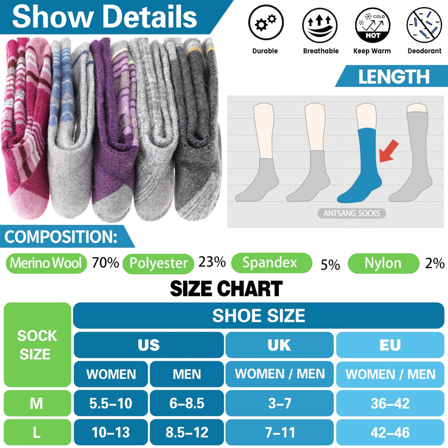 ANTSANG Merino Wool Hiking Socks for Men & Women Thermal Warm Winter Thick Cozy Athletic Crew Work Boot Gift Socks Stocking Stuffers 5 Pairs(Nordic,L)