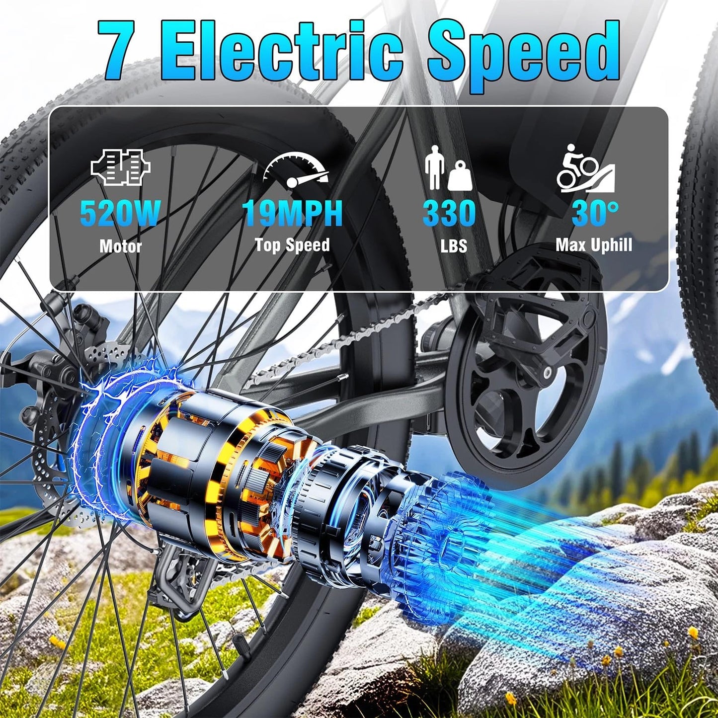 Electric Bike for Adults,Peak 520W Motor Electric Mountain Bike,26" Electric Bike 40Miles 20MPH, 36V Removable Battery with 7-Speed, LCD Display, Dual Disc Brakes & Front Fork Suspension (Grey)